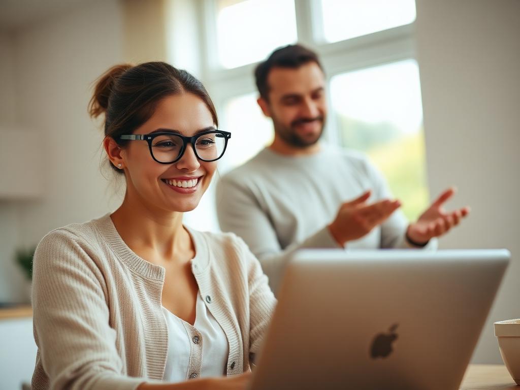 Smiling homeowner reviewing her home maintenance plan on a laptop