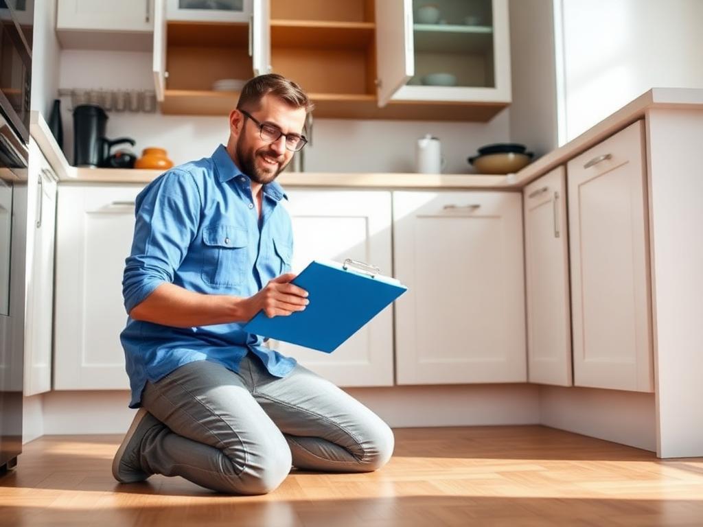 Certified home inspector kneeling under a kitchen sink with a clipboard