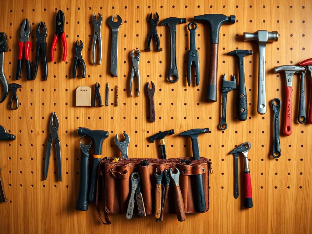Wall-mounted pegboard with neatly organized hand tools